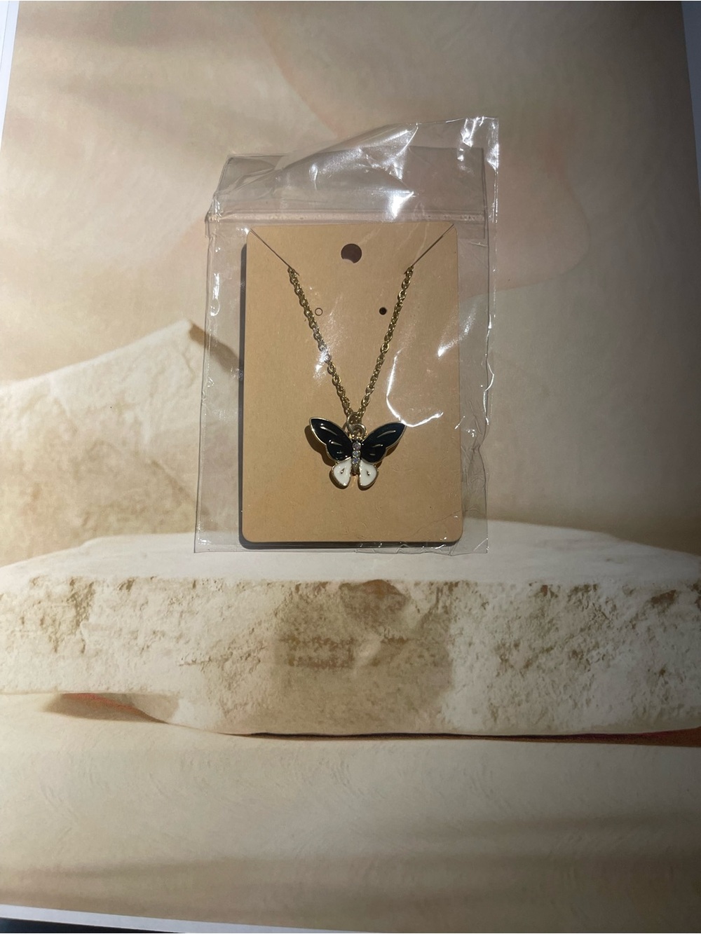 Gold Butterfly Pendant Necklace - Black & White Enamel